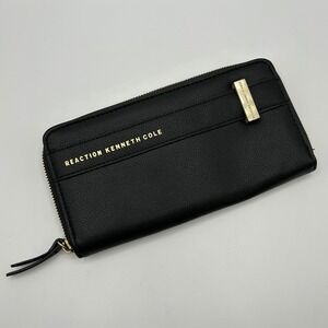 Reaction Kenneth Cole Black Faux Leather Zip Around Wallet Clutch Gold‎ Hardware